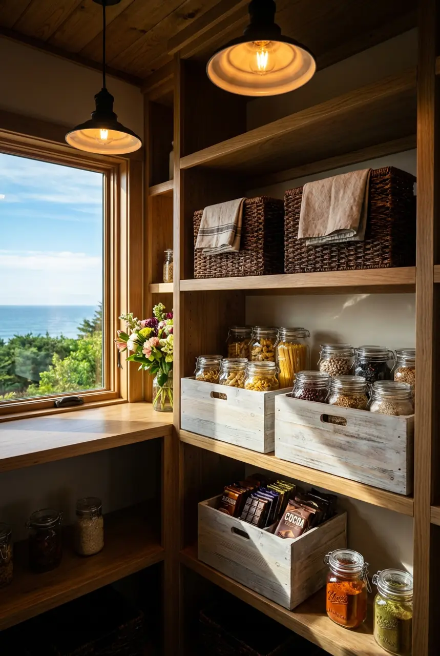 Rustic Walk-In Pantry with Built-In Wooden Shelves