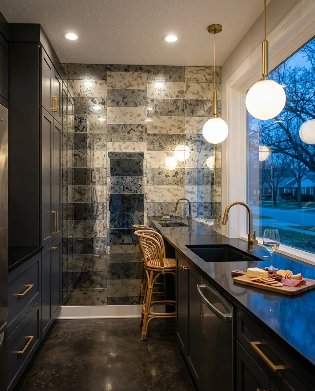 Glamorous Black Kitchen with Gold Accents and Mirrored Backsplash