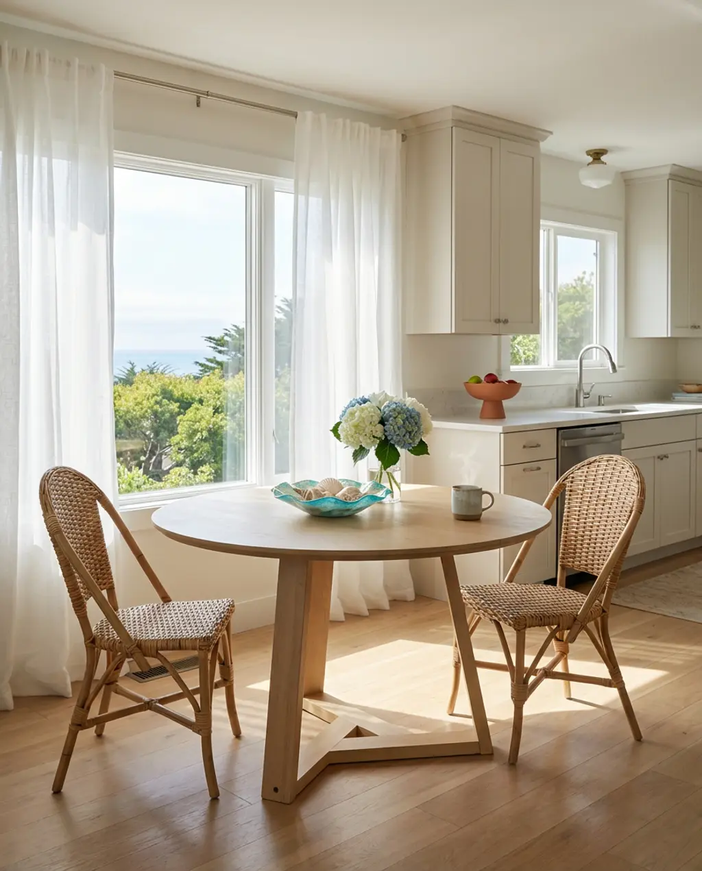Coastal Round Kitchen Table with Woven Chairs and Seashell Decor