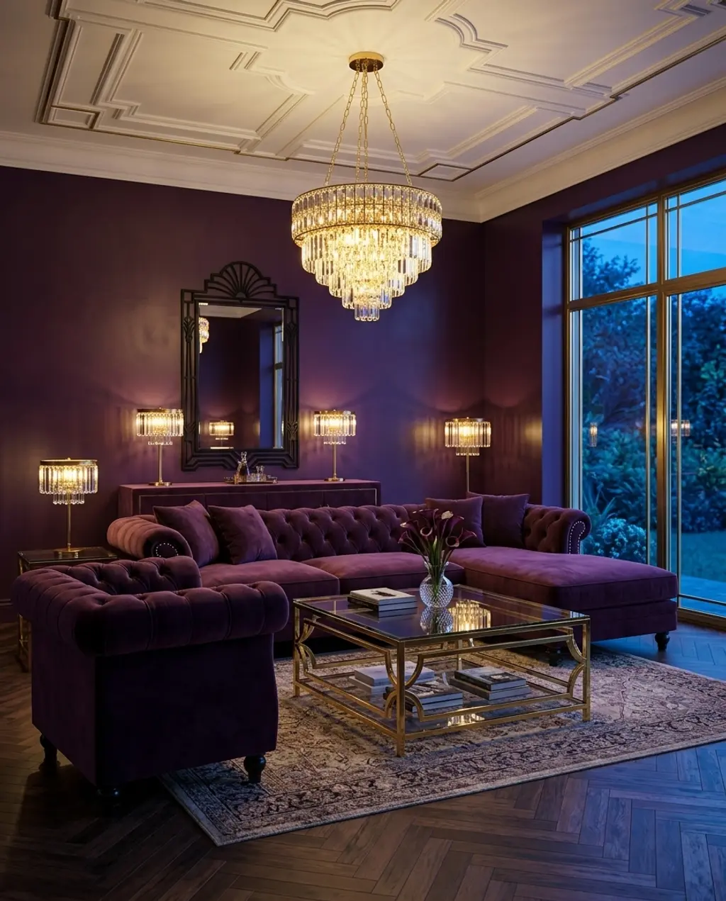 Sophisticated Plum & Gold Art Deco Living Room