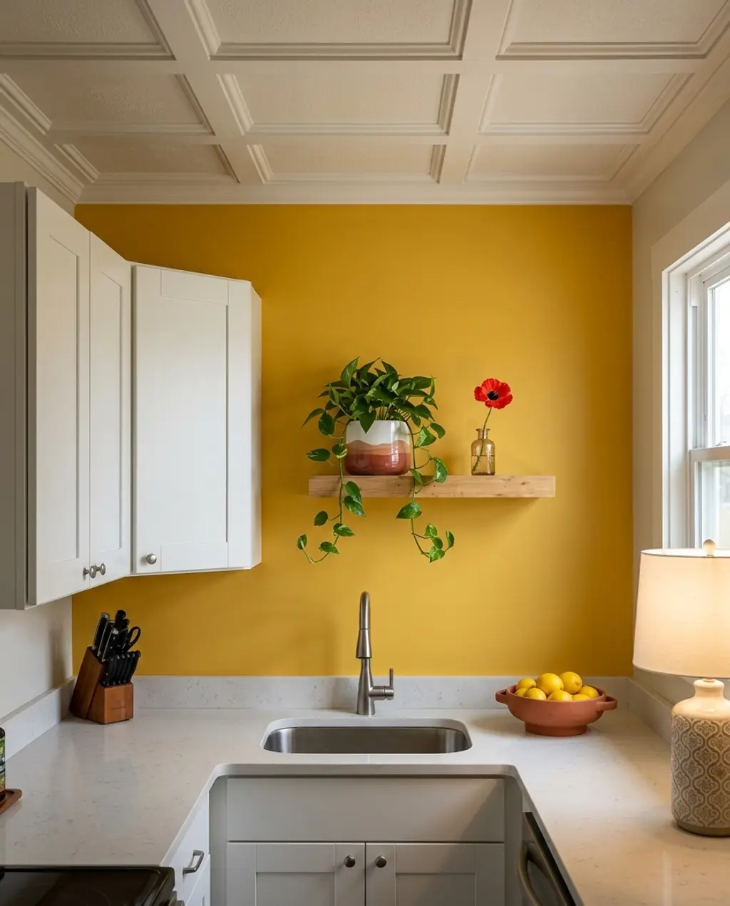 Tiny Kitchen with Vibrant Yellow Accent Wall