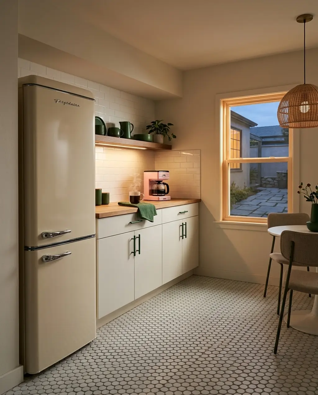 Bright White Penny Tile Kitchen Floor with Subway Backsplash