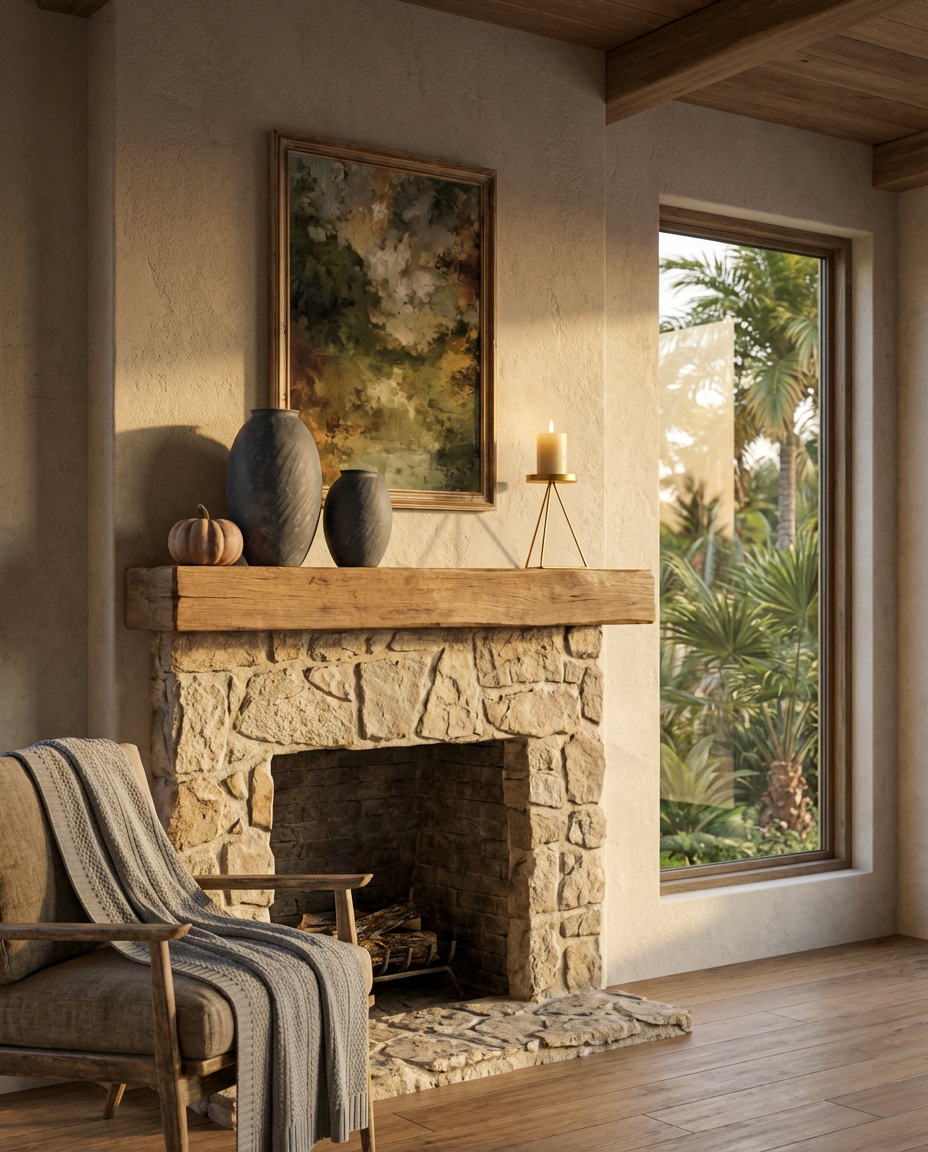 Rustic Modern Fireplace with Floating Wood Mantel