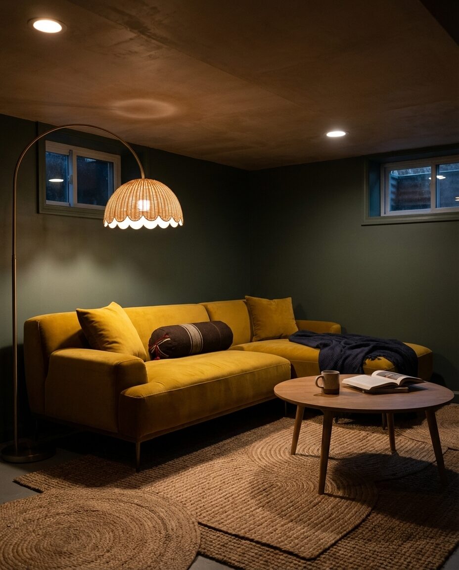 Bohemian Basement Lounge with Textured Decor
