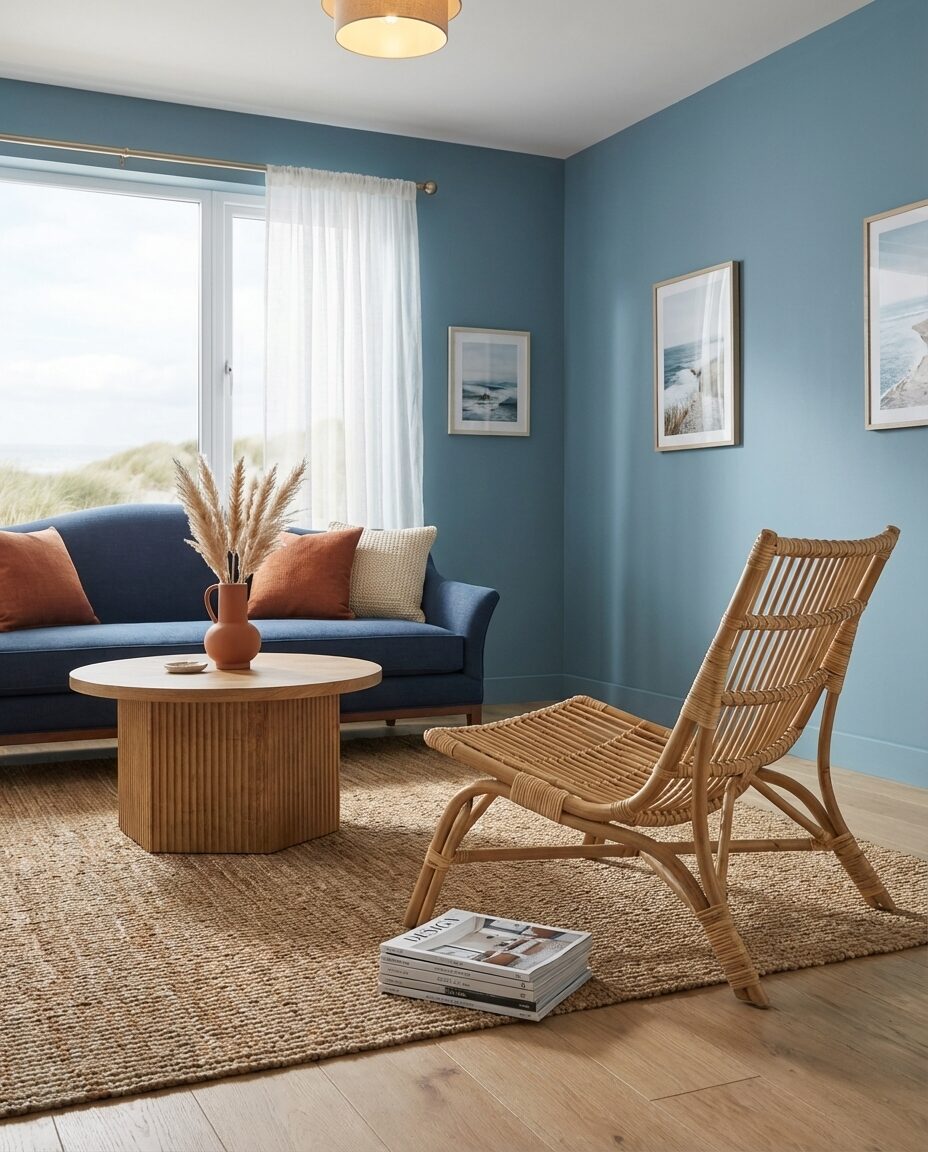 Ocean Blue Living Room with Woven Textures and Natural Light