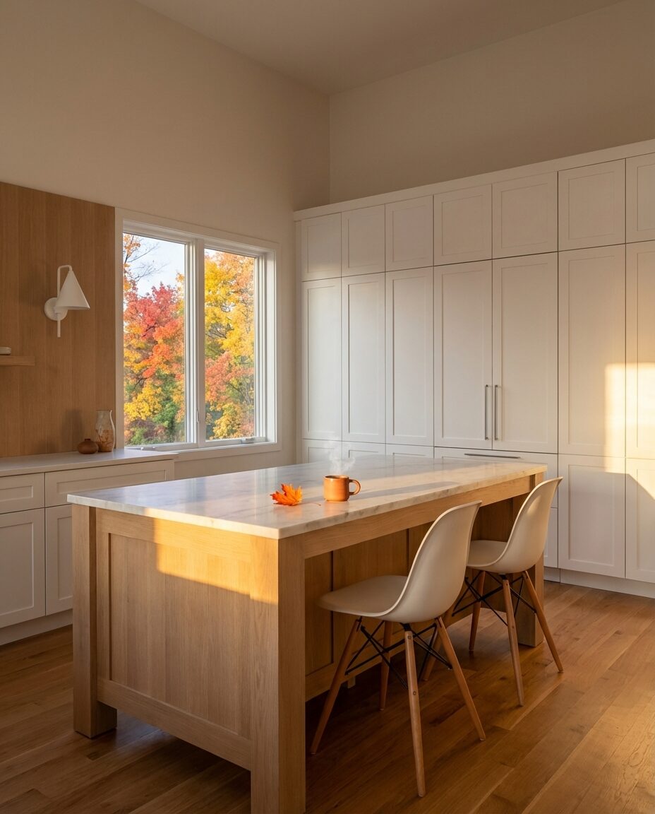 Minimalist White & Wood Kitchen with Hidden Pantry