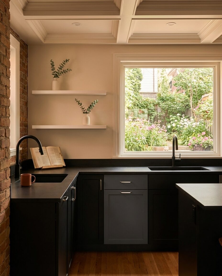 Minimalist Black Kitchen with Floating Shelves