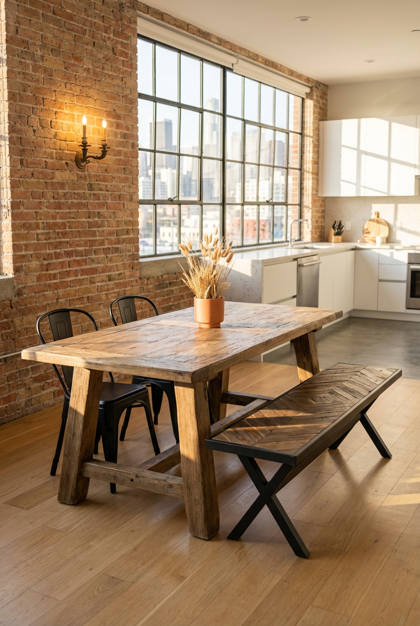 Rustic Industrial Refinished Kitchen Table with Bench and Metal Accents