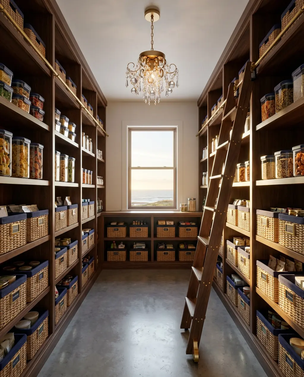 Grand Walk-In Pantry with Library Ladder and Wood Shelves