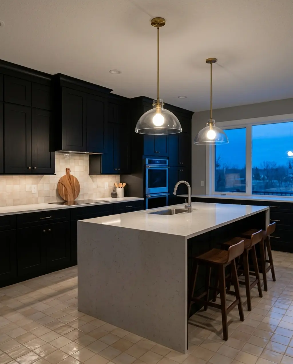 Transitional Black Kitchen with Beige Tiled Floor and Pendant Lights