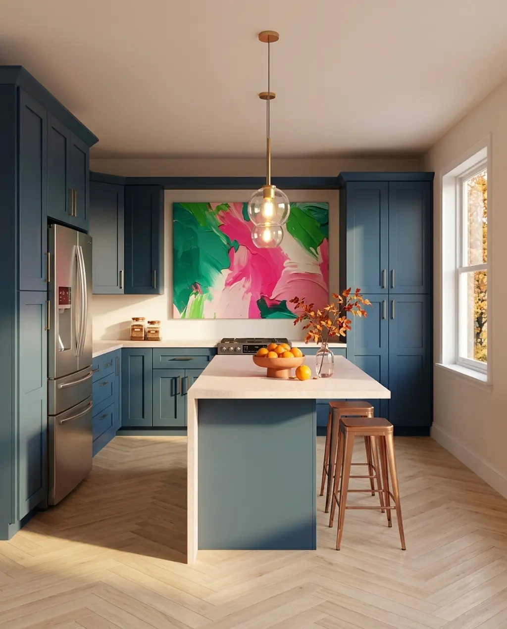 Eclectic Galley Kitchen with Bold Colors and Art