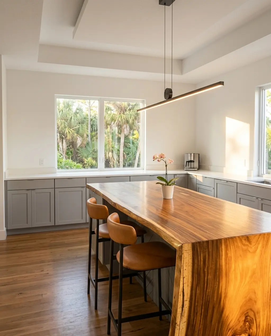 Modern Gray and White Kitchen with Wood Island