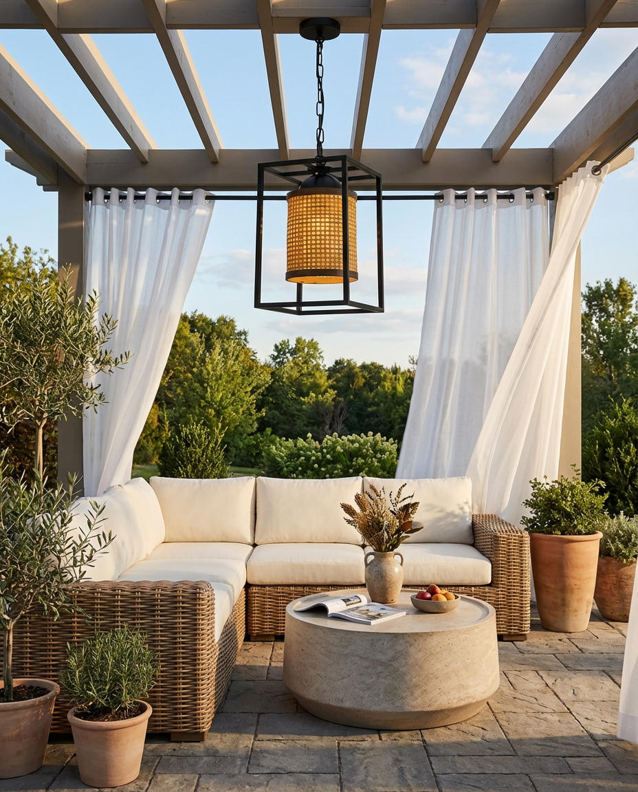 Enclosed Pergola with Curtains and Plush Outdoor Seating