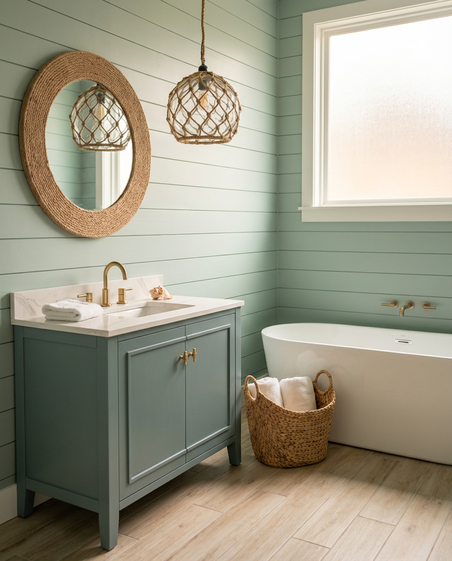 Coastal Retreat Bathroom with Shiplap Walls