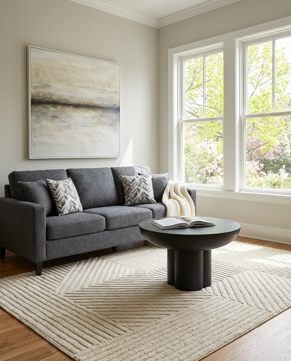 Textural Neutral Living Room with Dark Sofa