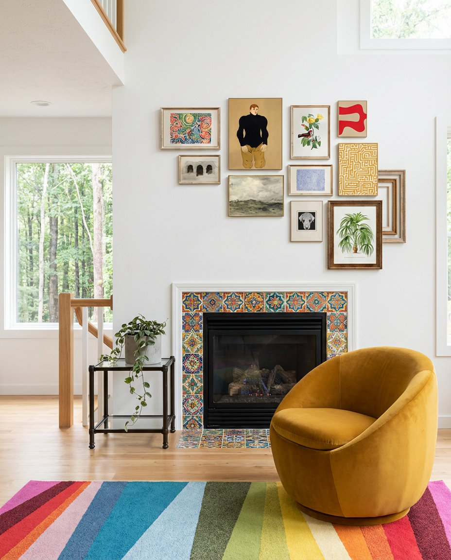 Eclectic Living Room with Colorful Fireplace Tile