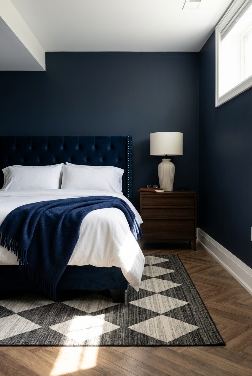 Transitional Basement Guest Bedroom with Herringbone Flooring