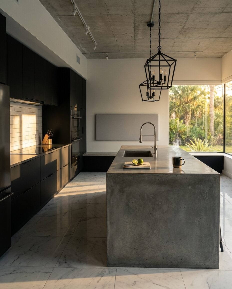 Industrial Black Kitchen with Concrete Island