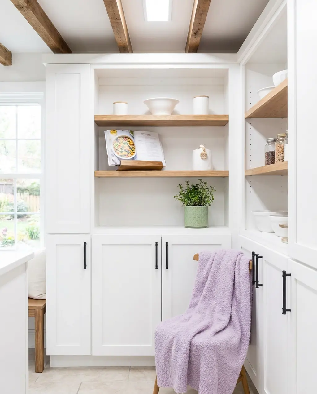 Pantry with Cabinets and Open Wooden Shelving Mix