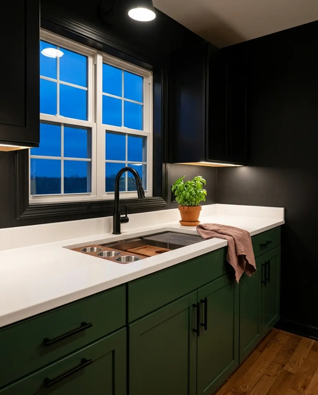 Black Kitchen with Green Lower Cabinets and White Countertops
