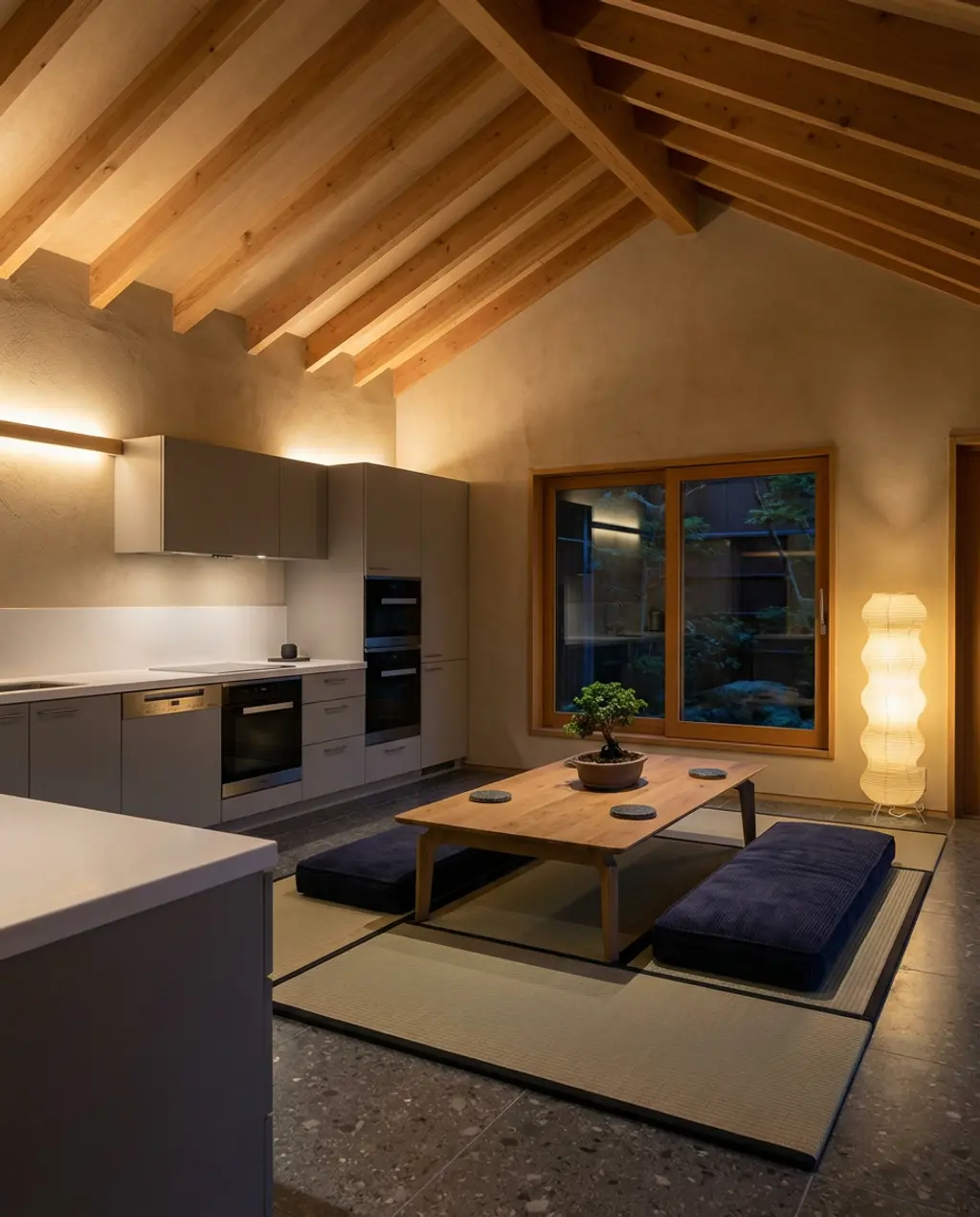 Japanese Minimalist Kitchen Table with Zen Centerpiece and Tatami Mats