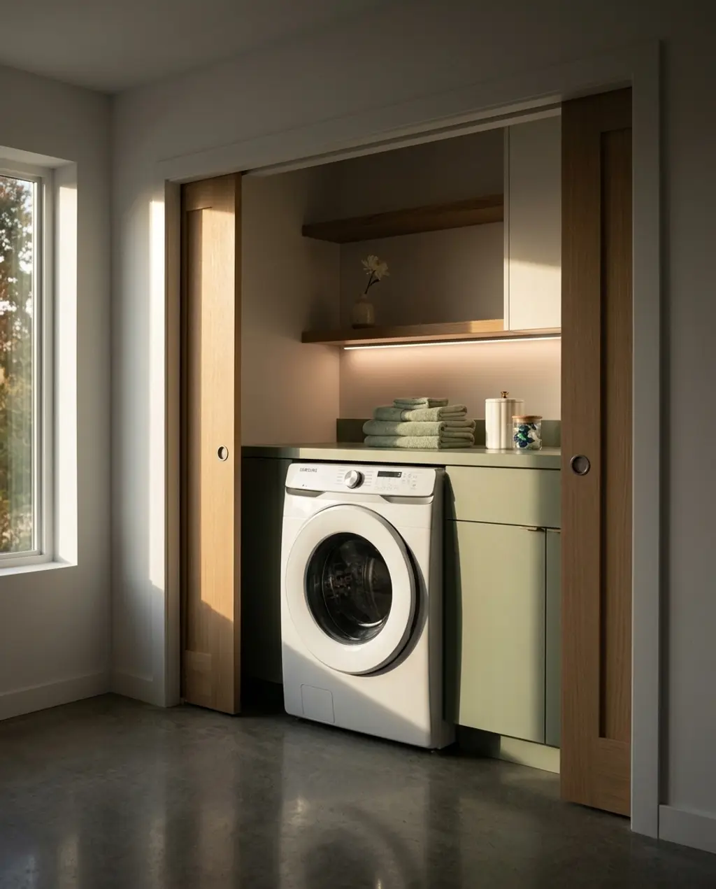 Minimalist Closet Laundry with Pocket Doors