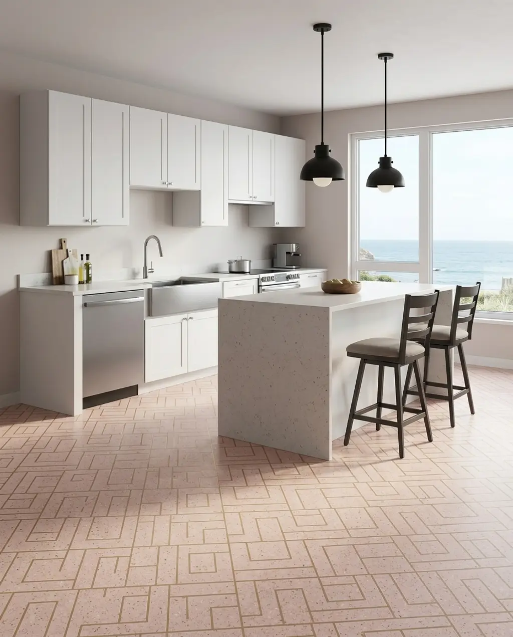 Contemporary Kitchen with Geometric Vinyl Sheet Flooring