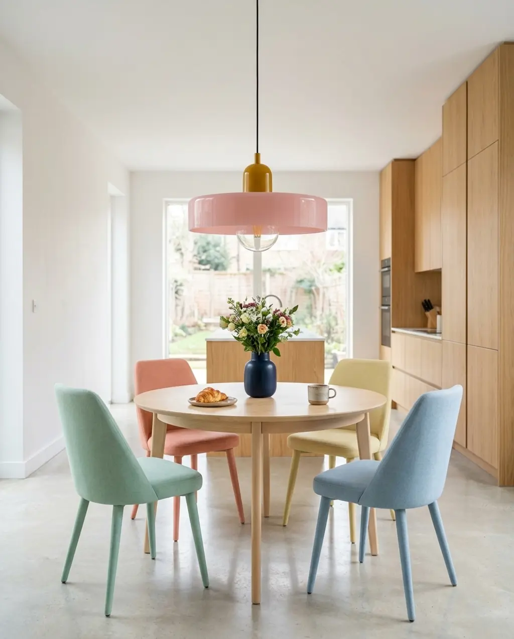 Playful Pastel Dining Chairs in a Bright, Modern Kitchen
