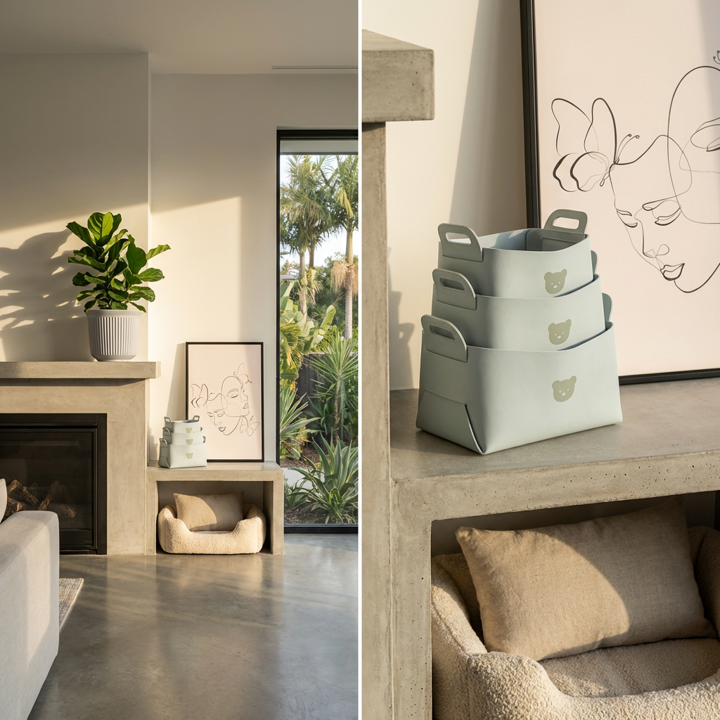 Modern Minimalist Fireplace with Integrated Storage and Pet Bed