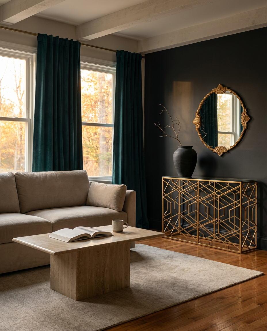 Velvet Curtains and Dark Feature Wall