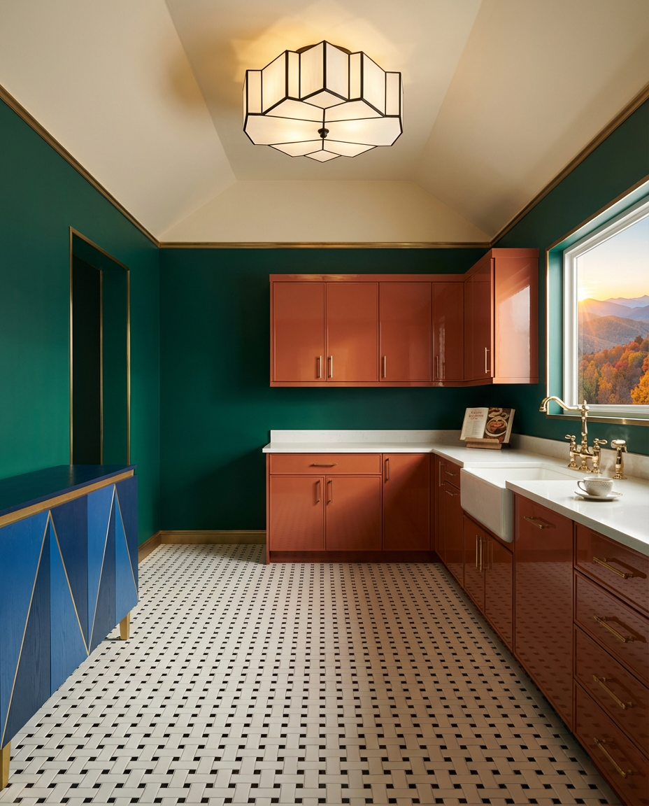 Art Deco Inspired Kitchen with Geometric Floor Tile — Luxury Version