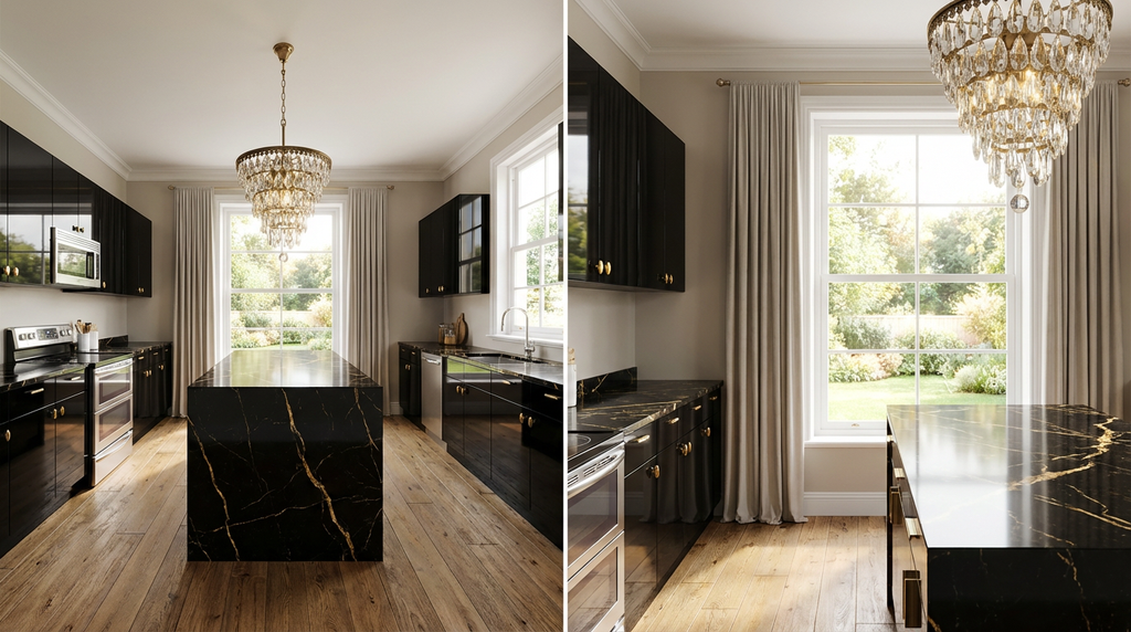 Luxurious Black Kitchen with Gold Veined Marble