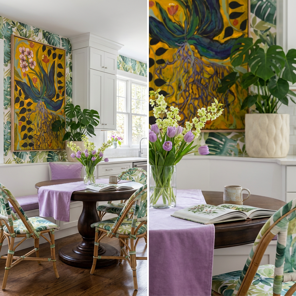 Tropical Maximalist Kitchen Table with Bold Patterns and Lush Foliage