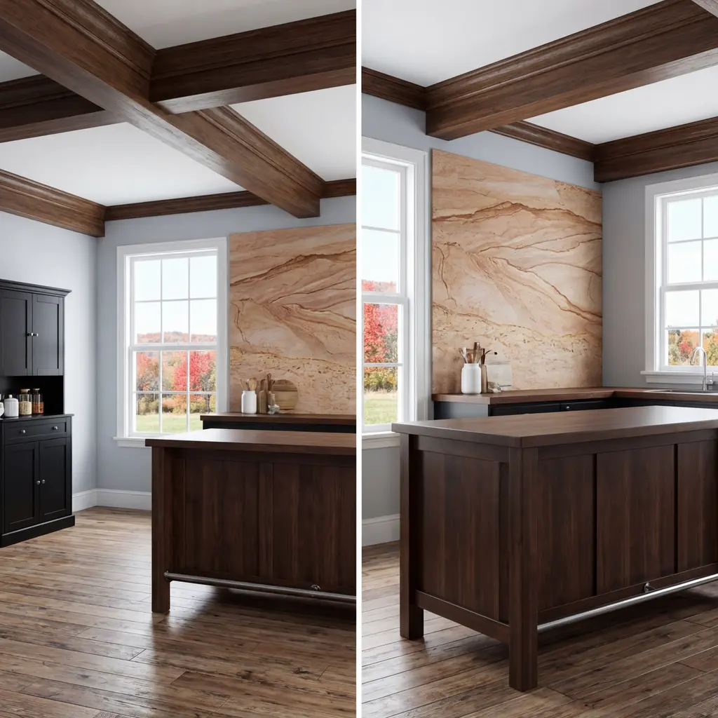 Rustic Black Kitchen with Exposed Wood Beams and Stone Backsplash