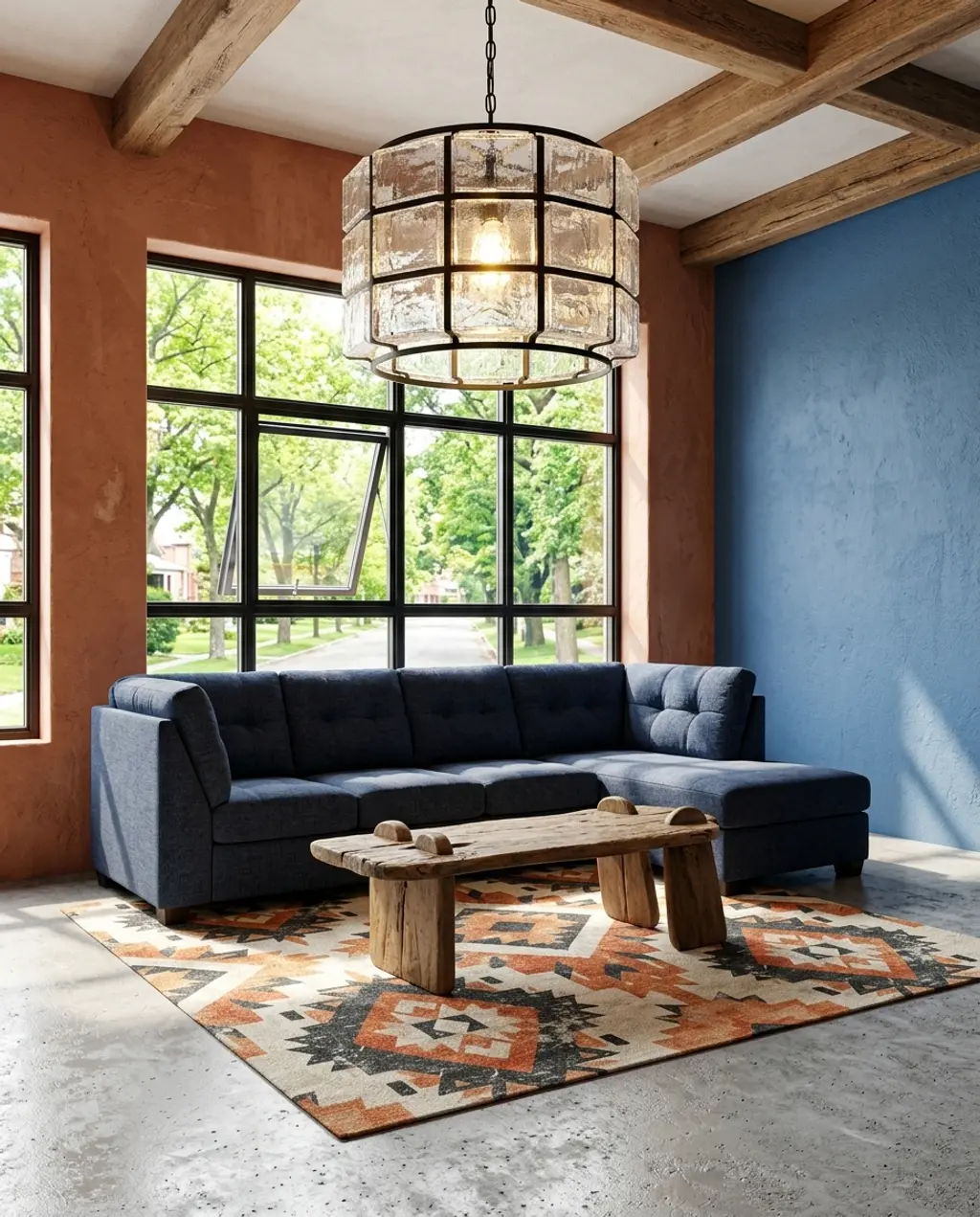 Warm Terracotta & Denim Blue Loft Living Room