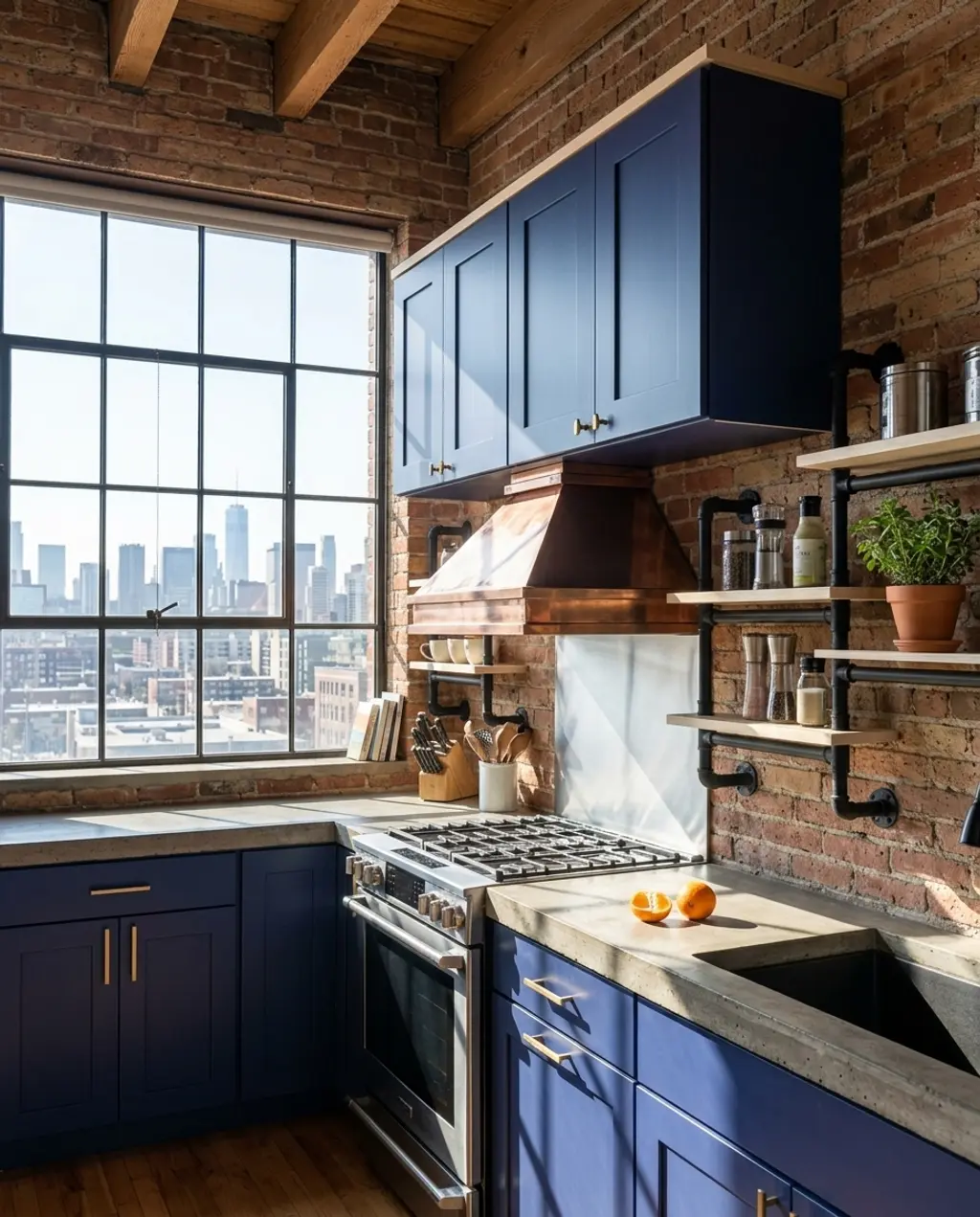 Unique Indigo Kitchen with Exposed Brick and Copper Accents
