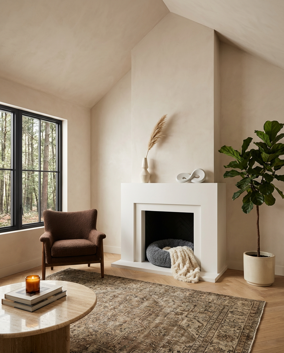 Chic White Fireplace with Sculptural Decor and Pet Bed Niche — Luxury Version