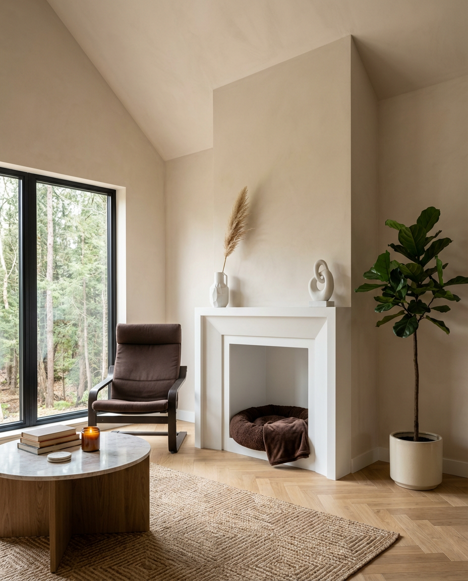 Chic White Fireplace with Sculptural Decor and Pet Bed Niche — Budget Version