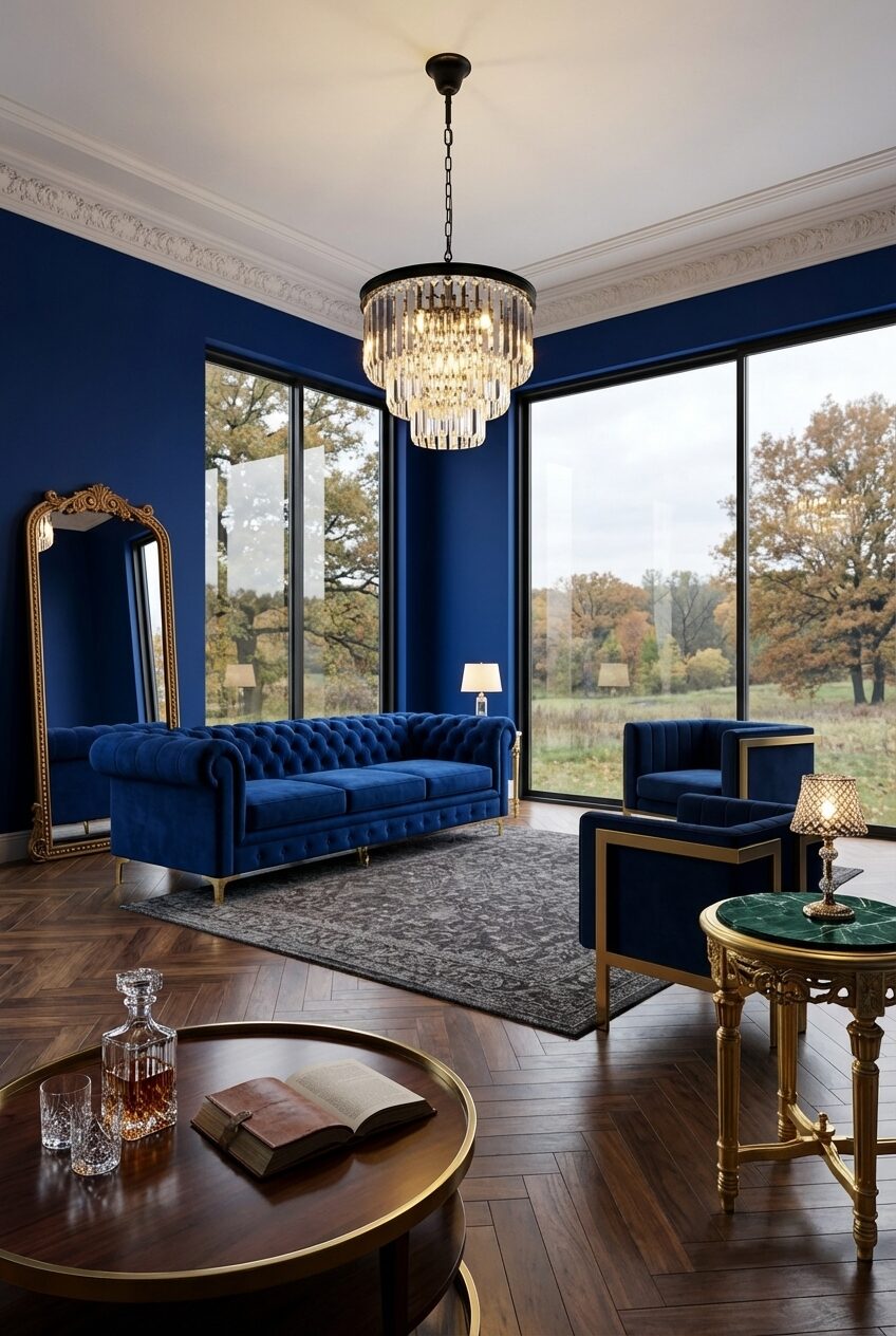 Royal Blue Living Room with Gilded Accents — Luxury Version