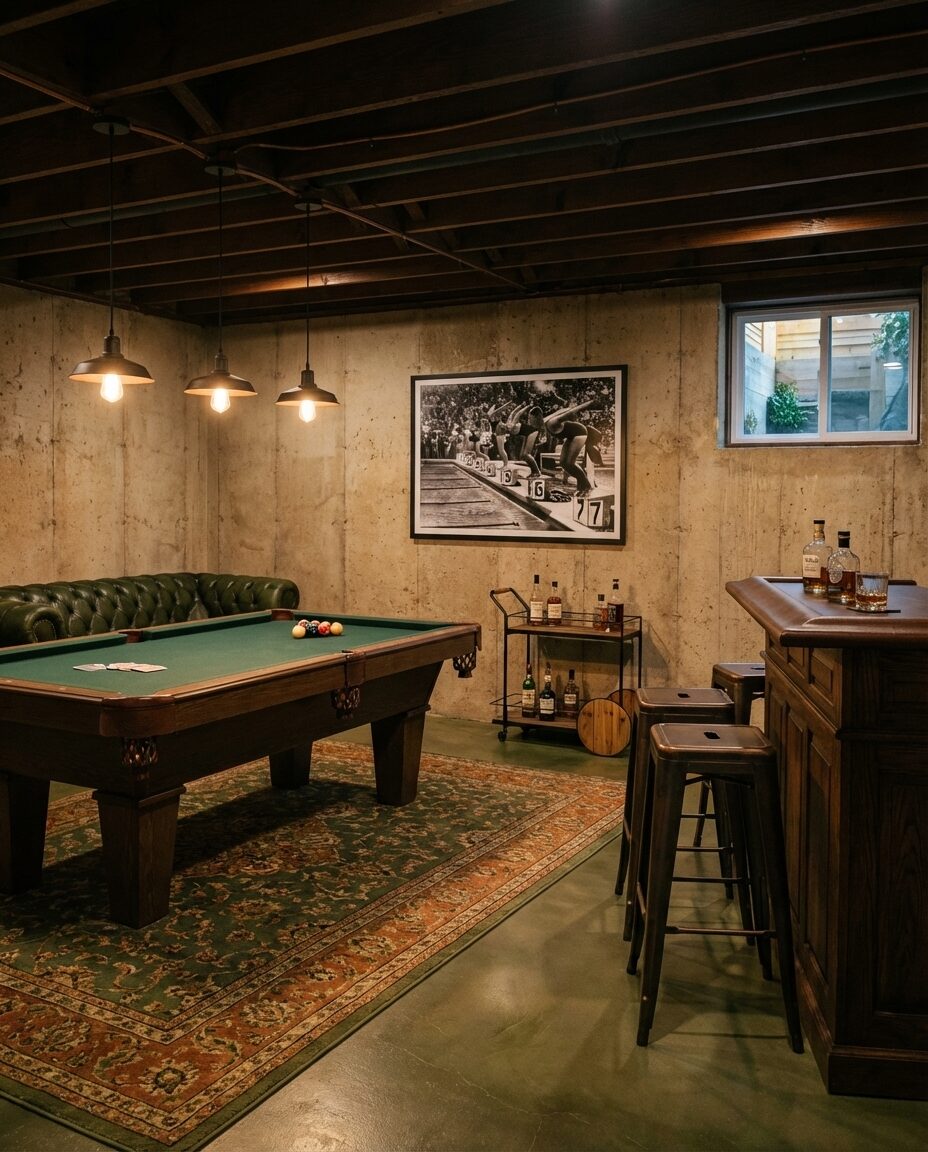 Unfinished Basement to Rustic Game Room with Bar — Luxury Version