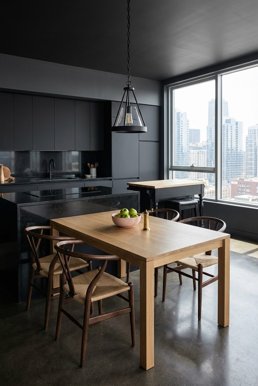 Black Kitchen with Integrated Dining Table — Luxury Version
