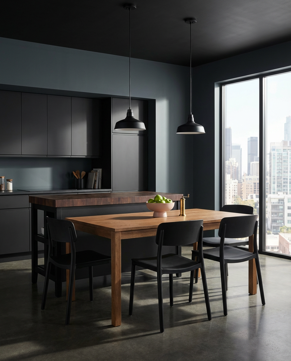 Black Kitchen with Integrated Dining Table — Budget Version