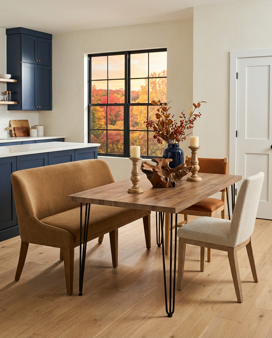 Transitional Kitchen Table with Bench and Sculptural Wood Centerpiece — Budget Version