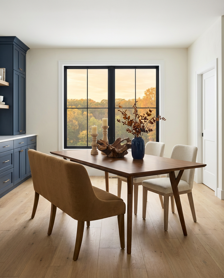 Transitional Kitchen Table with Bench and Sculptural Wood Centerpiece — Luxury Version