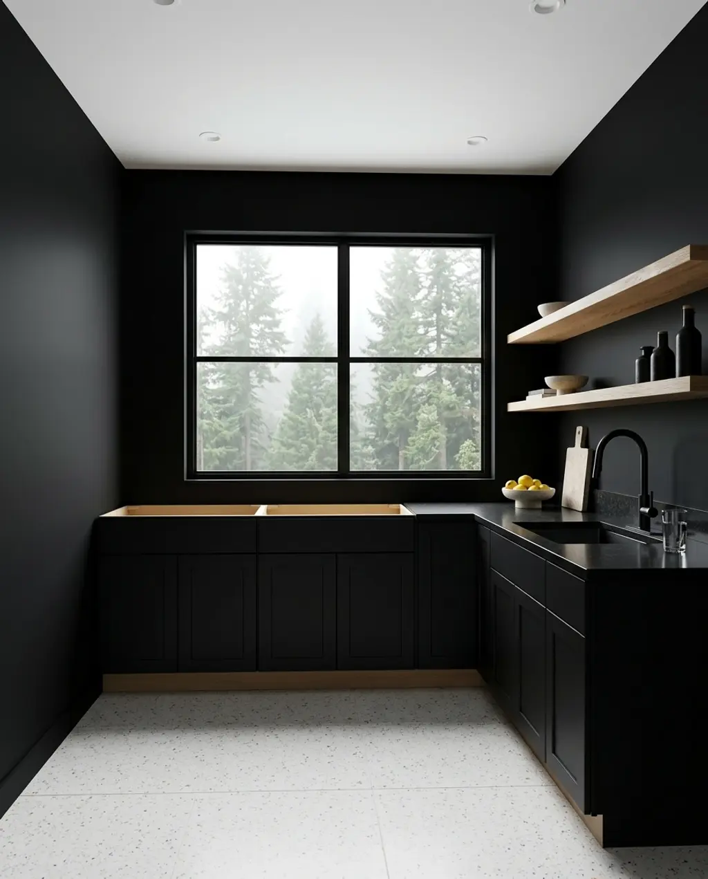 Black Kitchen with White Oak Open Shelving and Terrazzo Floor — Luxury Version
