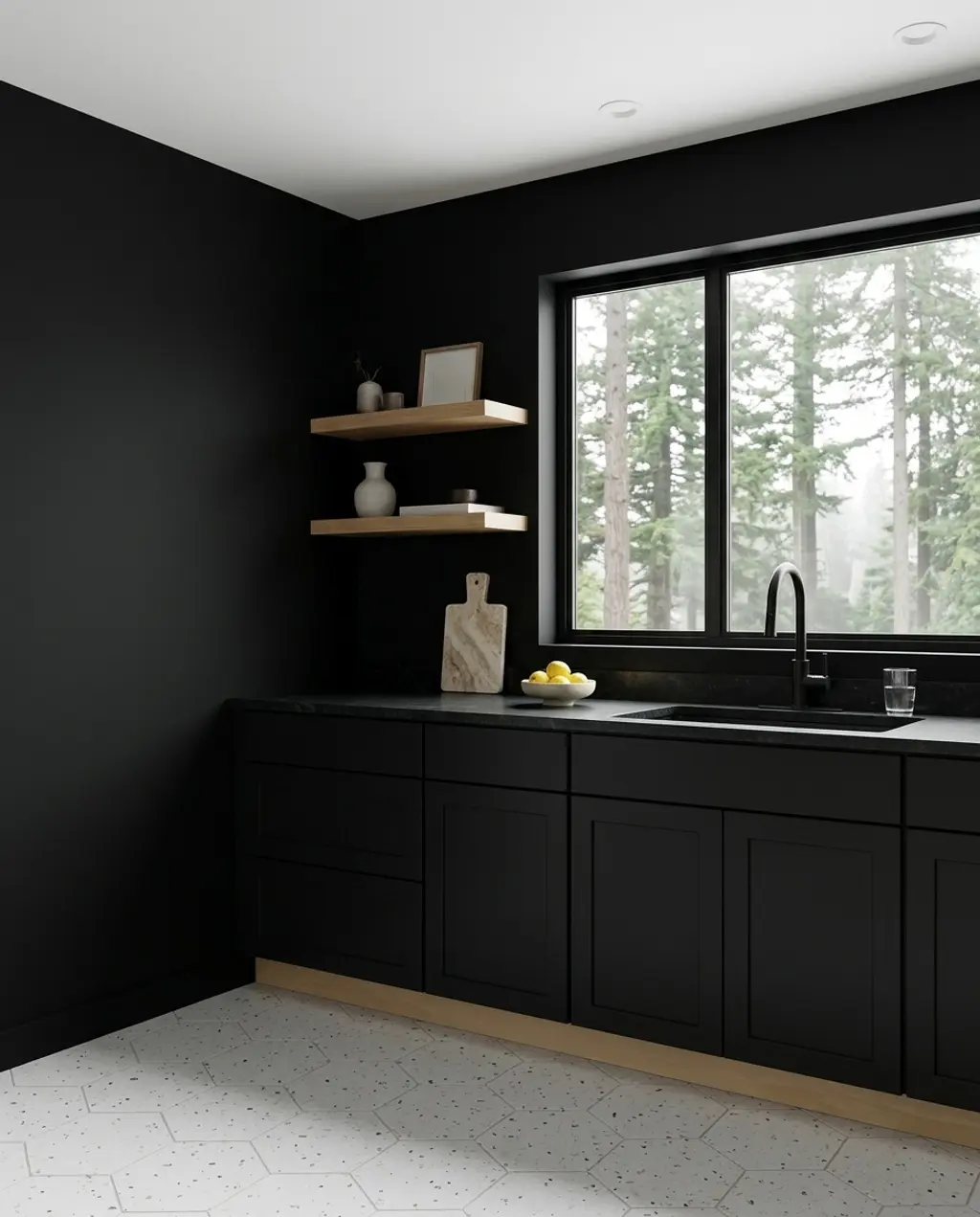Black Kitchen with White Oak Open Shelving and Terrazzo Floor — Budget Version