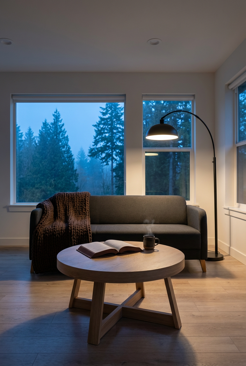 White Walls with Contrast Dark Gray Sofa
