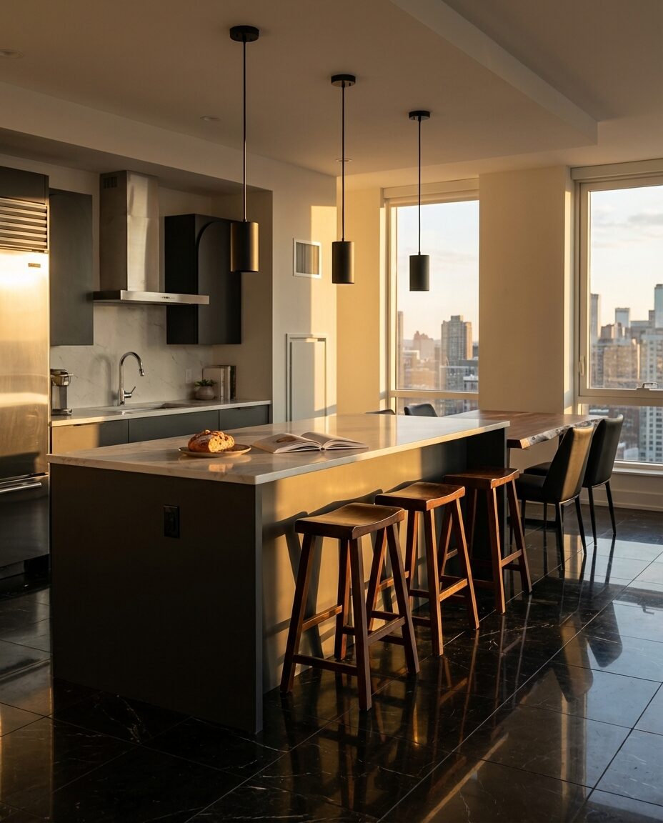 Sophisticated Black & Wood Kitchen with Natural Light