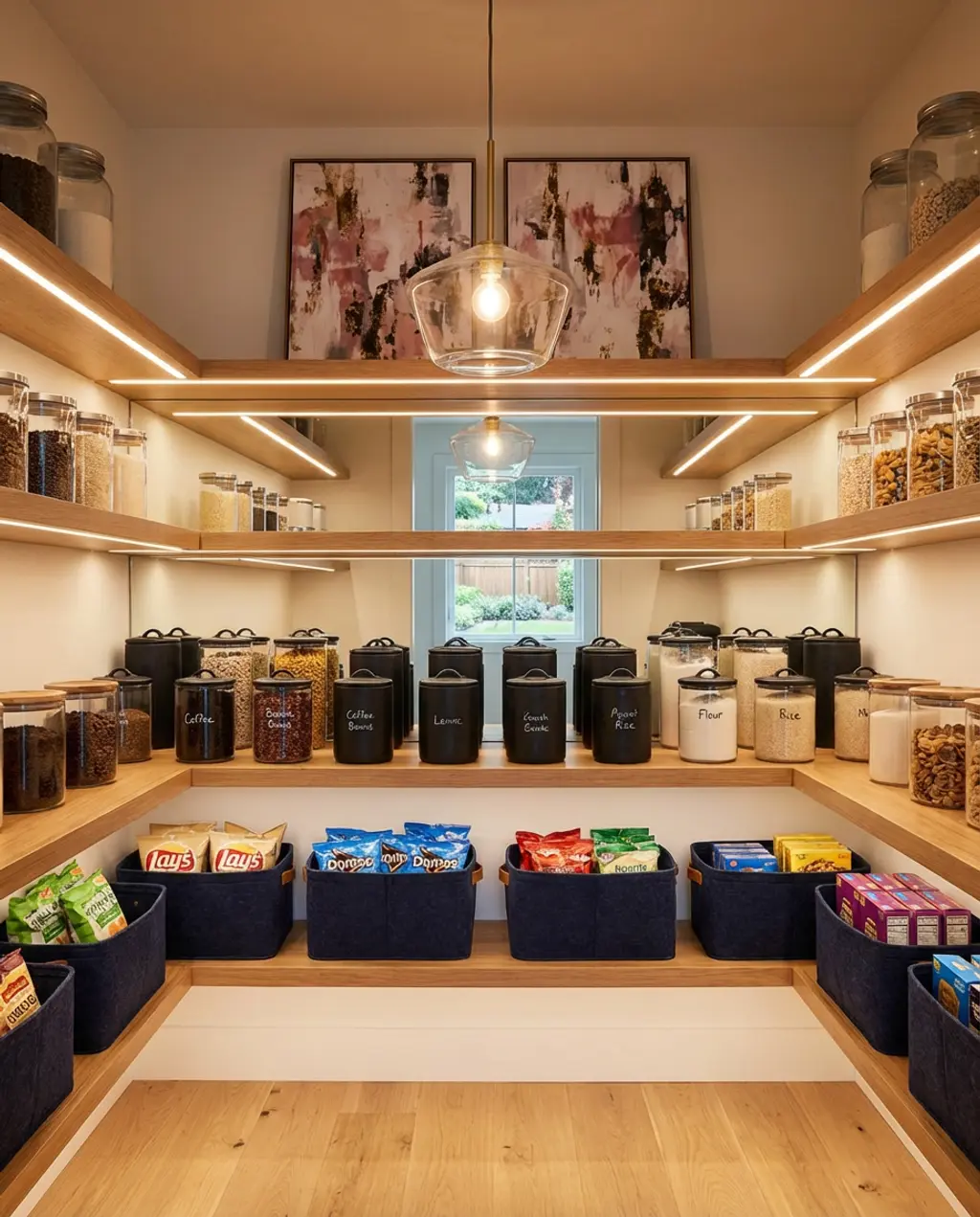 Contemporary Pantry with Adjustable Floating Shelves