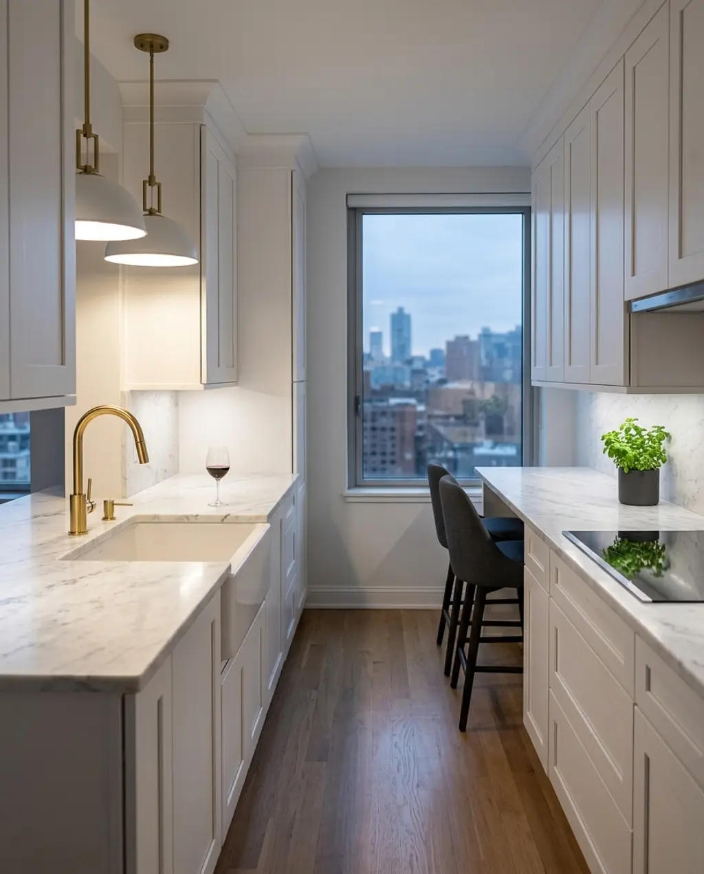 Bright White Galley Kitchen with Gold Hardware